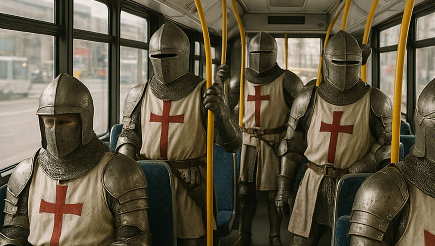 Image for article: Safety-Conscious Passengers Now Donning Full Suits Of Crusader Armor To Ride Public Transit