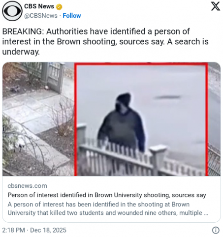 Finally: ‘Suspect of Interest’ Reportedly Identified in Brown University Shooting : The Other McCain