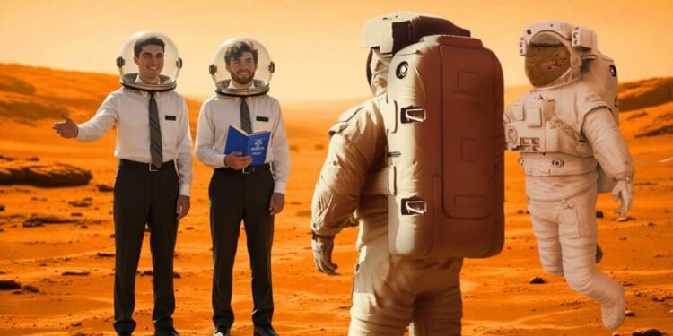 Image for article: First Astronauts On Mars Greeted By Mormon Missionaries