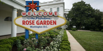 Image for article: Trump's New Rose Garden Signage Deemed 'Tacky,' 'Overwrought'
