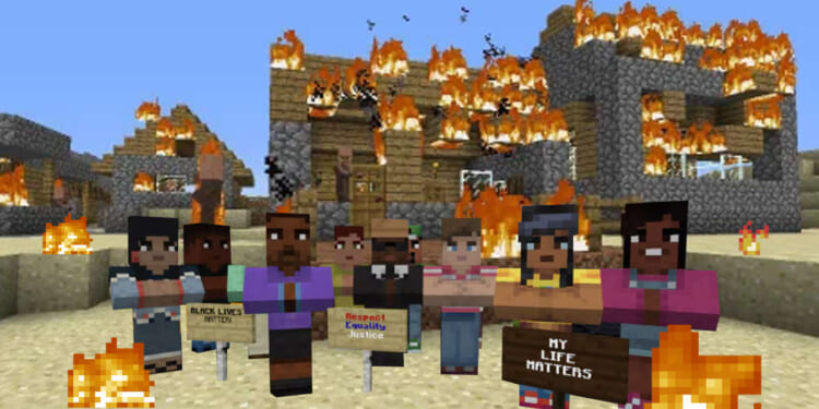Image for article: Minecraft Introduces Peaceful Protesters And OH NO THEY'VE BURNED DOWN THE VILLAGE