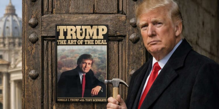 Image for article: Defiant Trump Nails Copy Of ‘The Art Of The Deal’ To Vatican Door
