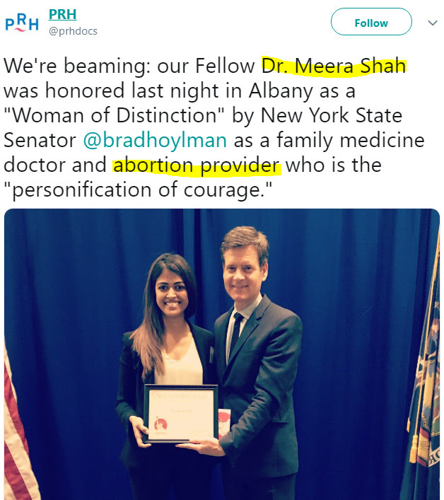 Tweet with photo of Senator Brad Hoylman and Meera Shah, holding award certificate