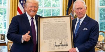 Image for article: Trump Presents King Charles With Autographed Copy Of Declaration Of Independence