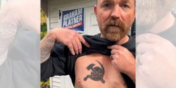 Image for article: Platner Smooths Things Over With Democrats By Covering Nazi Tattoo With Hammer & Sickle