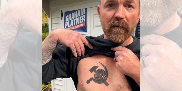 Image for article: Platner Smooths Things Over With Democrats By Covering Nazi Tattoo With Hammer & Sickle