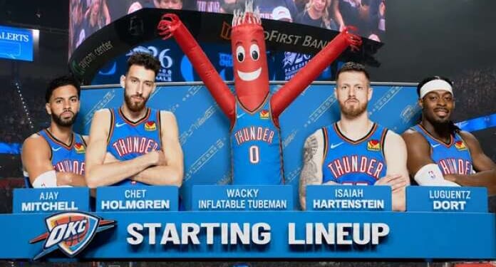 Image for article: To Get Even More Foul Calls, Thunder Sub In Wacky Flailing Inflatable Tube Man