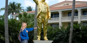 Image for article: Woman Healed Of Liberalism After Touching Golden Trump Statue