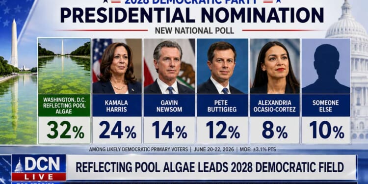 Image for article: Reflecting Pool Algae Surges Ahead Of Kamala In 2028 Democrat Presidential Polls