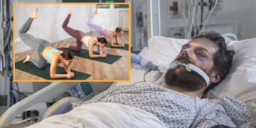 man in hospital bed with inset image of yoga class