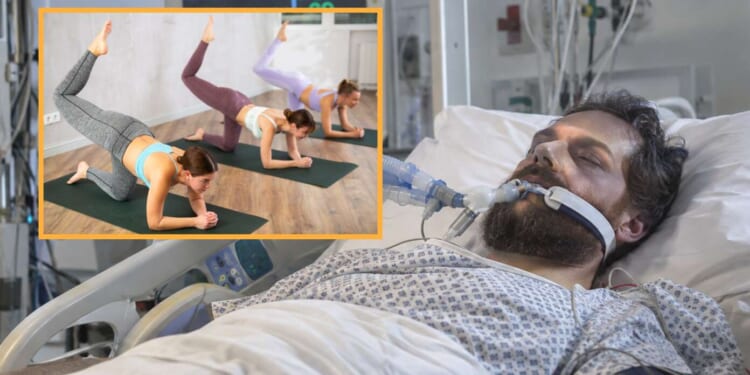 man in hospital bed with inset image of yoga class