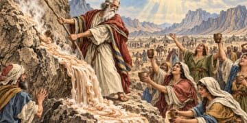 Painting of Moses striking the rock and pumpkin spice latte spewing forth.